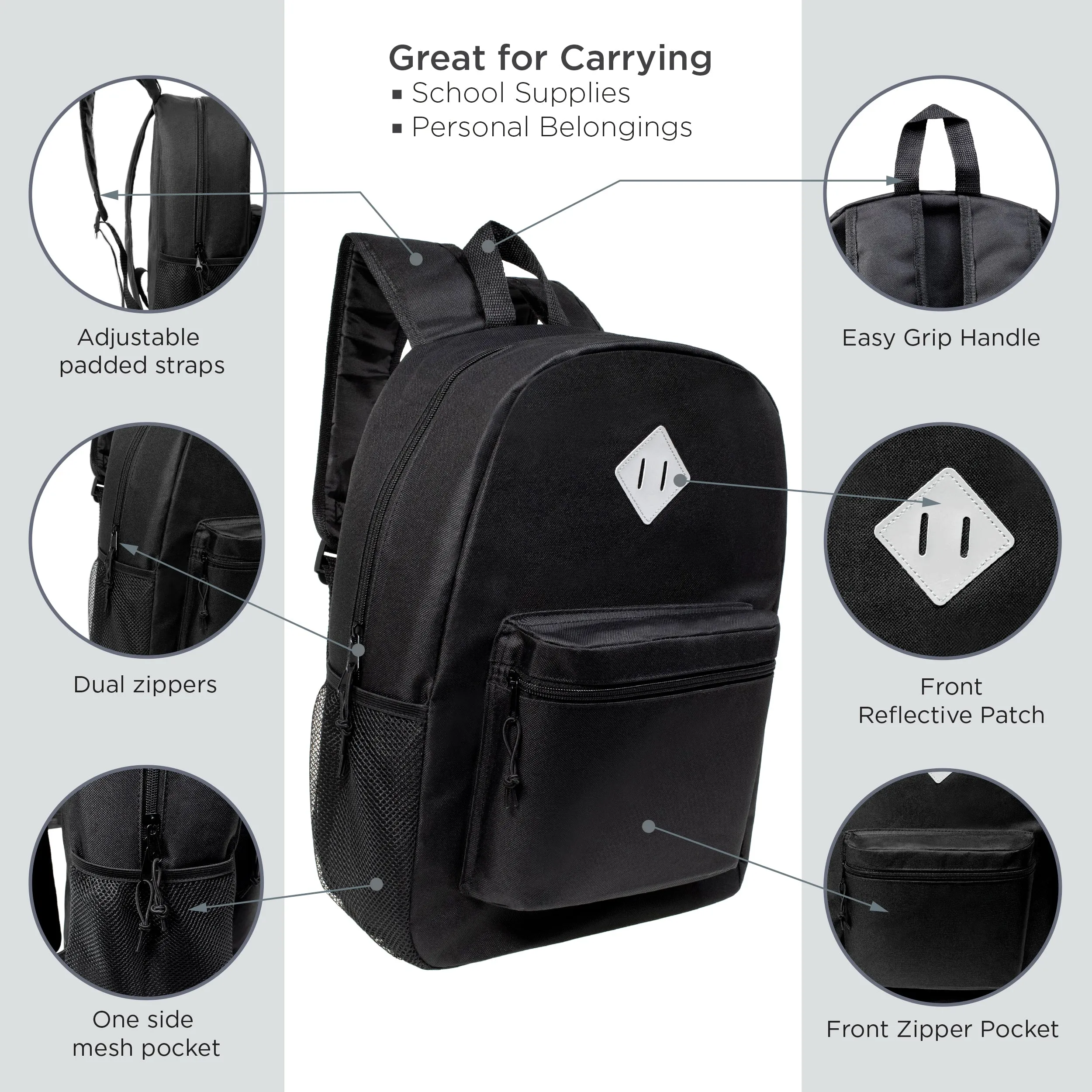 17" Wholesale Backpack in Black with Designer Inspired Patch - Bulk Case of 24