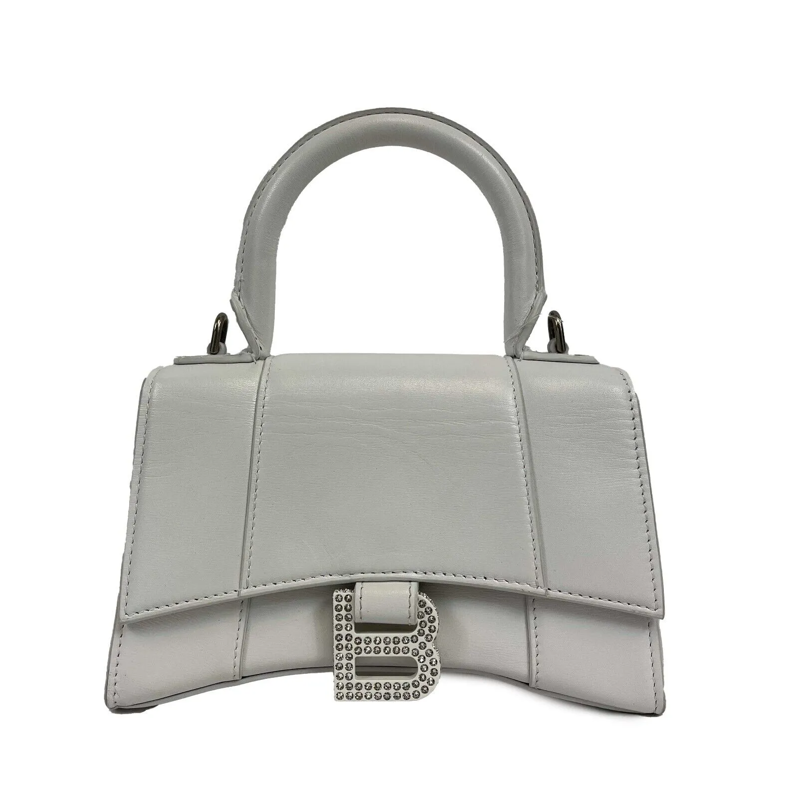 Balenciaga - Hourglass Crystal Logo Leather Top Handle Bag XS - White Crossbody