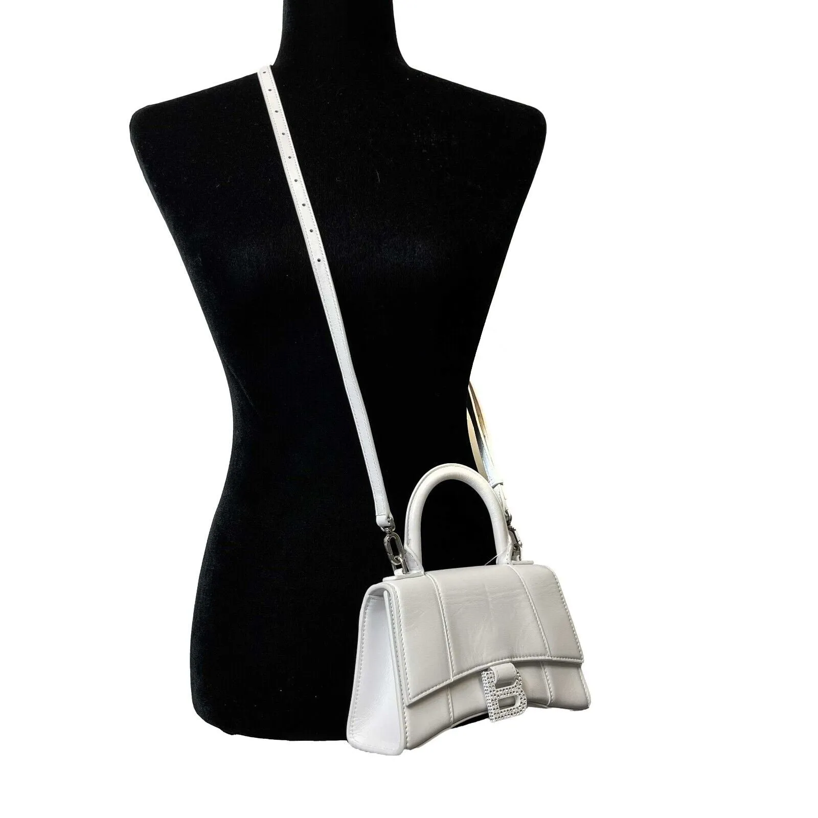 Balenciaga - Hourglass Crystal Logo Leather Top Handle Bag XS - White Crossbody