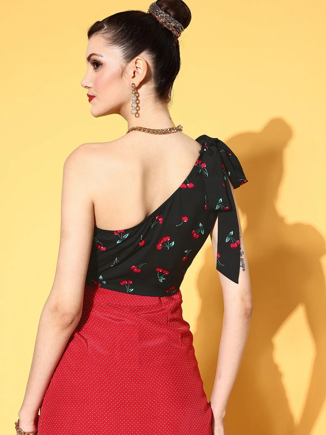 Berrylush Women Black & Red Cherry Printed One-Shoulder Neck Tie-Up Strap Cropped Top