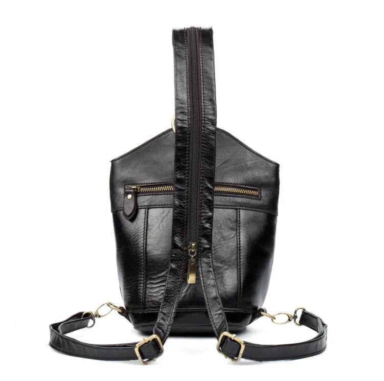 Black Leather Mens Cool Bucket Small Sling Bags Backpack Crossbody Pack Chest Bag for Men