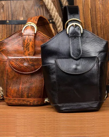 Black Leather Mens Cool Bucket Small Sling Bags Backpack Crossbody Pack Chest Bag for Men