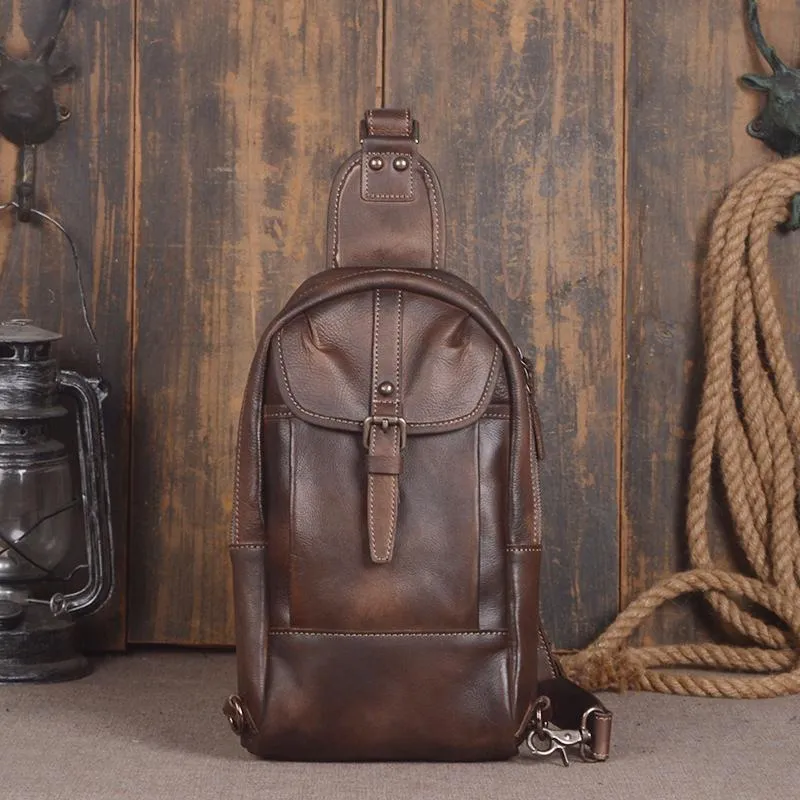 Black Leather Mens Sling Bag Chest Bag Sling Shoulder Bag Brown Sling Backpack for men