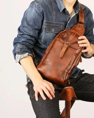 Black Leather Mens Sling Bag Chest Bag Sling Shoulder Bag Brown Sling Backpack for men