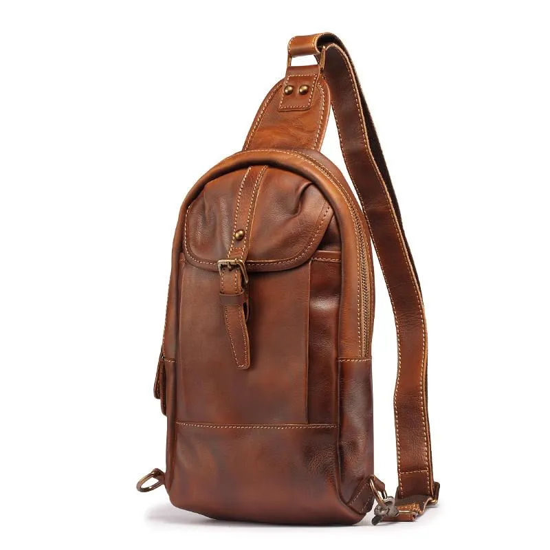 Black Leather Mens Sling Bag Chest Bag Sling Shoulder Bag Brown Sling Backpack for men