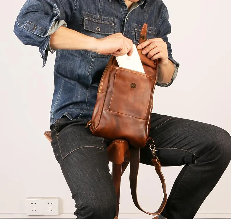 Black Leather Mens Sling Bag Chest Bag Sling Shoulder Bag Brown Sling Backpack for men