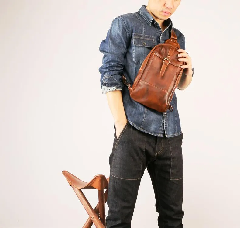 Black Leather Mens Sling Bag Chest Bag Sling Shoulder Bag Brown Sling Backpack for men