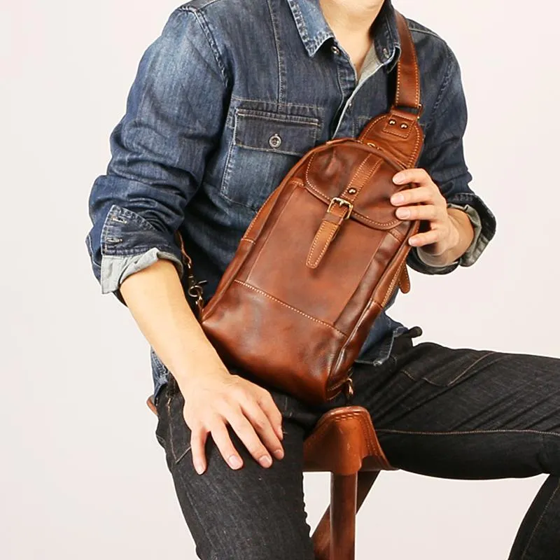 Black Leather Mens Sling Bag Chest Bag Sling Shoulder Bag Brown Sling Backpack for men