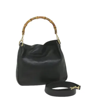 Black Leather Shoulder Bag with Bamboo Handle