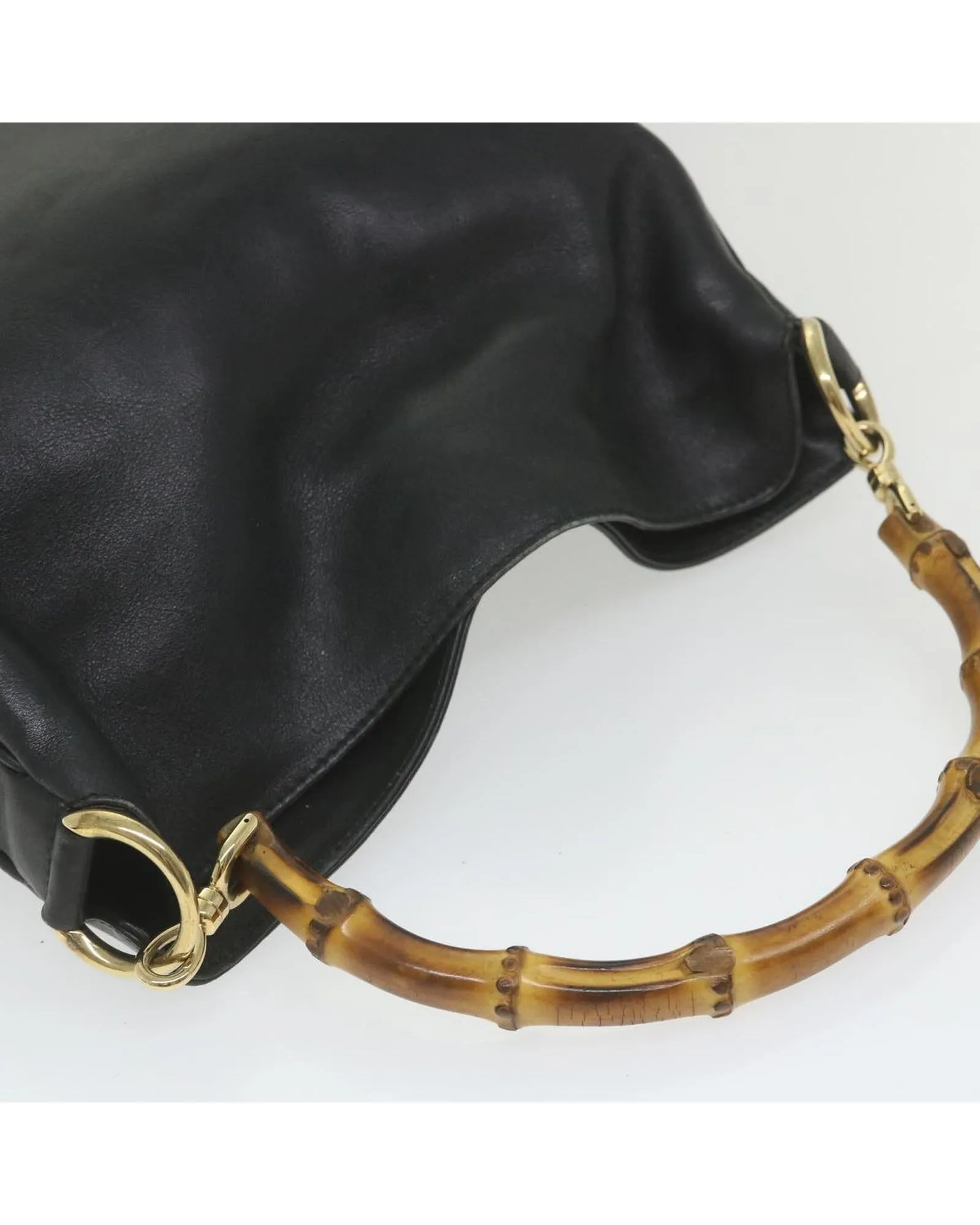 Black Leather Shoulder Bag with Bamboo Handle