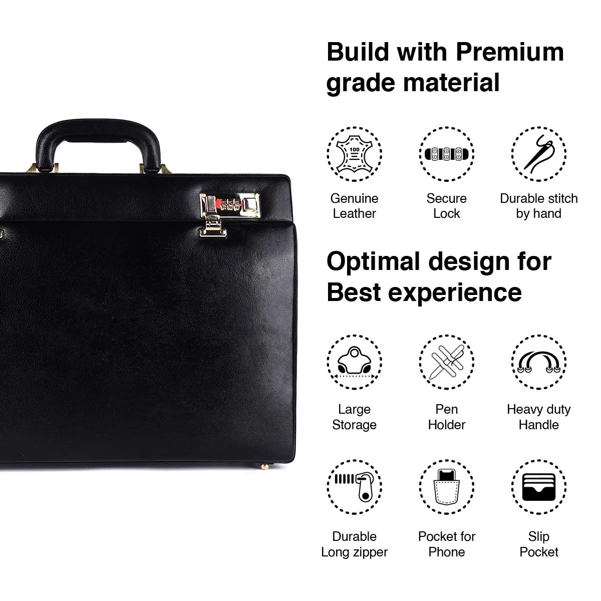 Briefcase for Men - Genuine Leather Office Briefcase - Black, Spacious Suitcase for Documents Storage, Dual