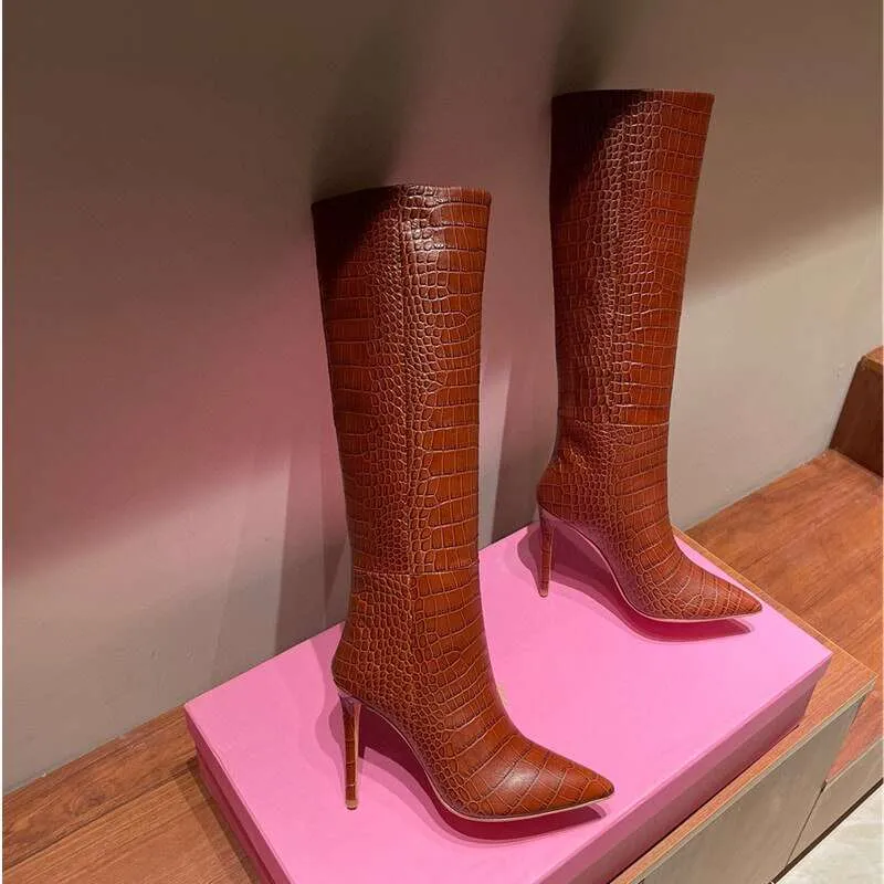 Candy Color Sexy Crocodile Leather Knee-Length High Boots Pointed Toe 10 cm High Heels Fashion Thigh Boots 35-44 Size