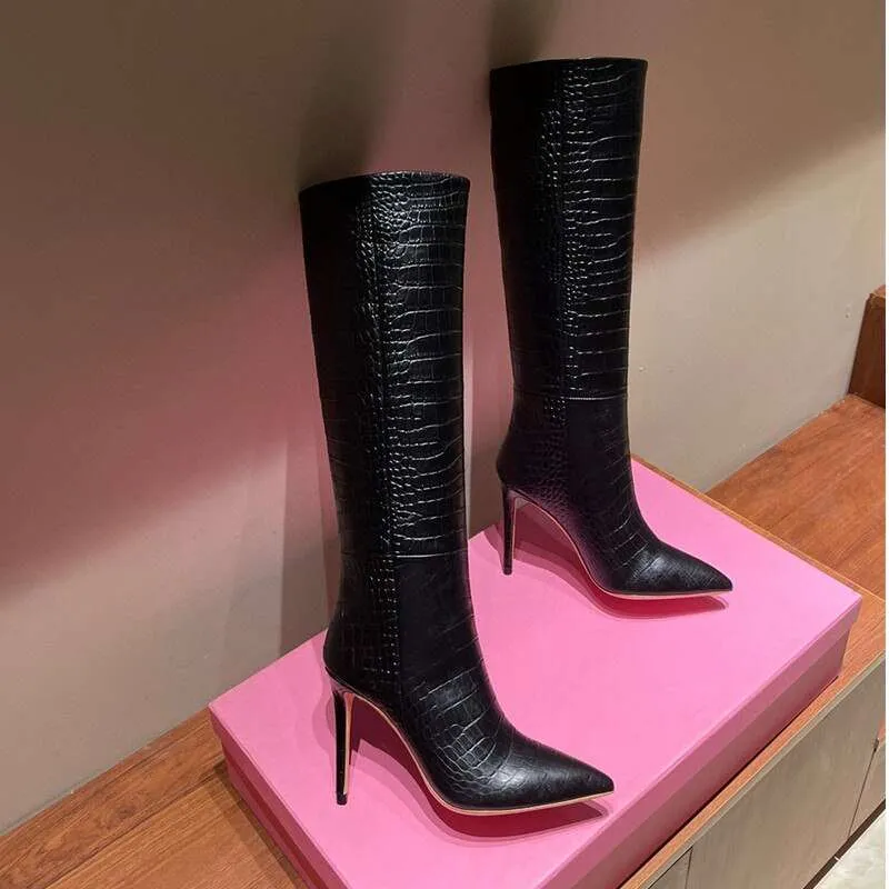 Candy Color Sexy Crocodile Leather Knee-Length High Boots Pointed Toe 10 cm High Heels Fashion Thigh Boots 35-44 Size