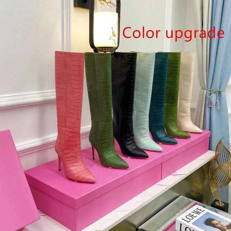 Candy Color Sexy Crocodile Leather Knee-Length High Boots Pointed Toe 10 cm High Heels Fashion Thigh Boots 35-44 Size