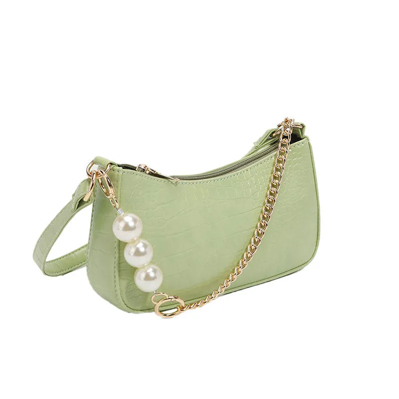 Chic Pearl Chunky Chain Croco Embossed Baguette Bag - Sage Green