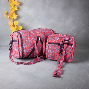 Expandable Travel Bag Mustered Red Colour with Grey and Black flower Design.