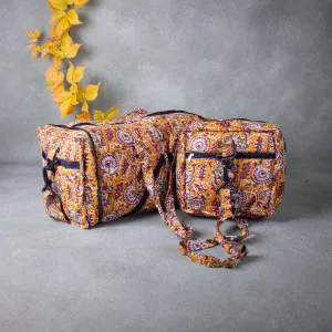 Expandable Travel Bag Mustered Yellow Colour with Red and white Flower Printed Design.