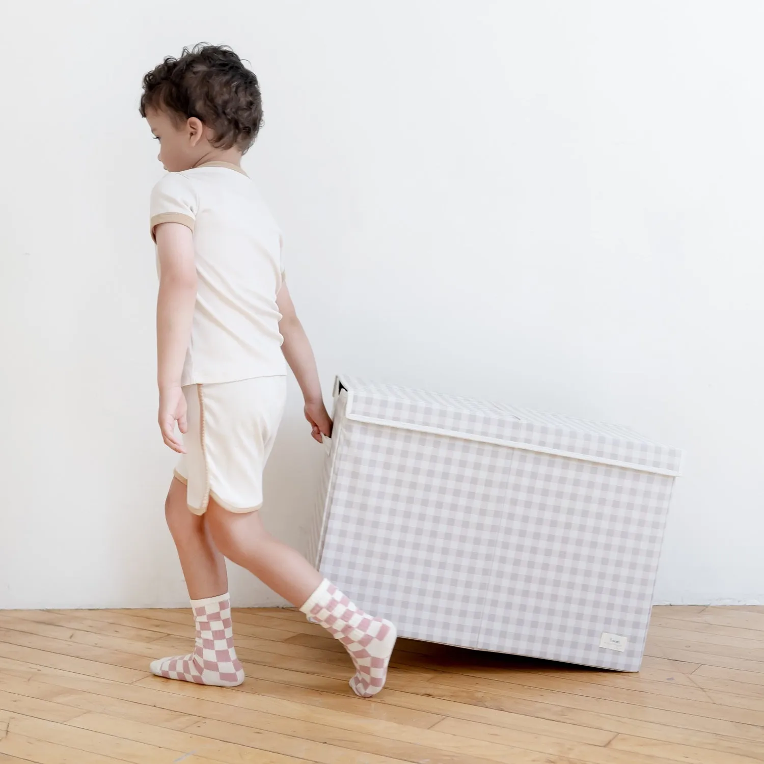 gingham beige recycled fabric folding storage chest