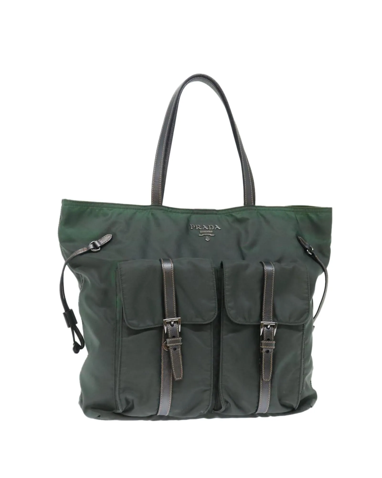 Khaki Nylon Tote Bag with Multiple Pockets and Interior Lining