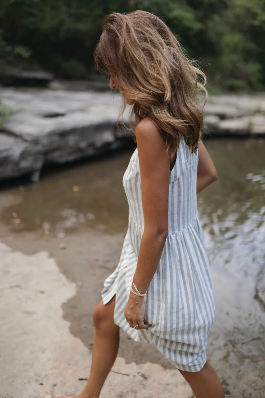 Mia Linen Dress in Green and White Stripe - XS and S