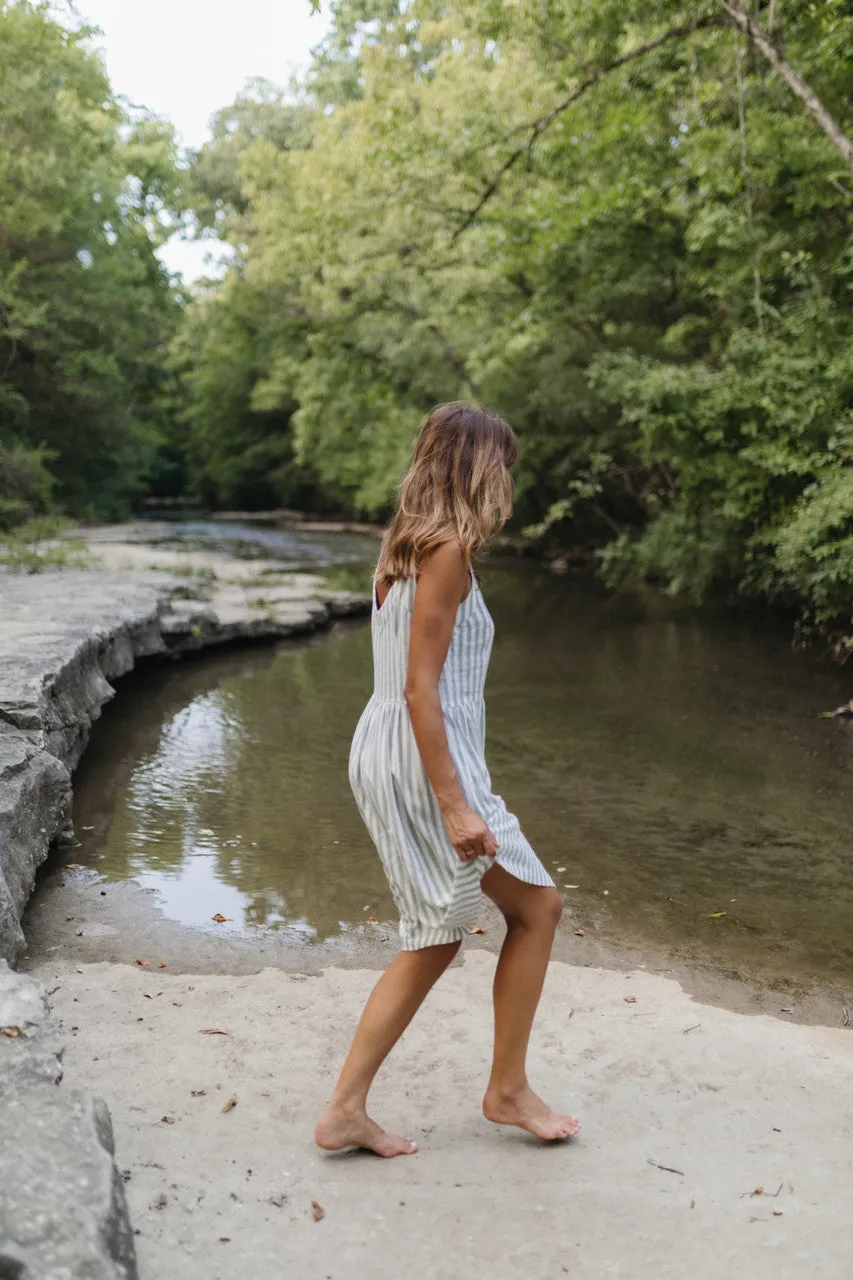 Mia Linen Dress in Green and White Stripe - XS and S