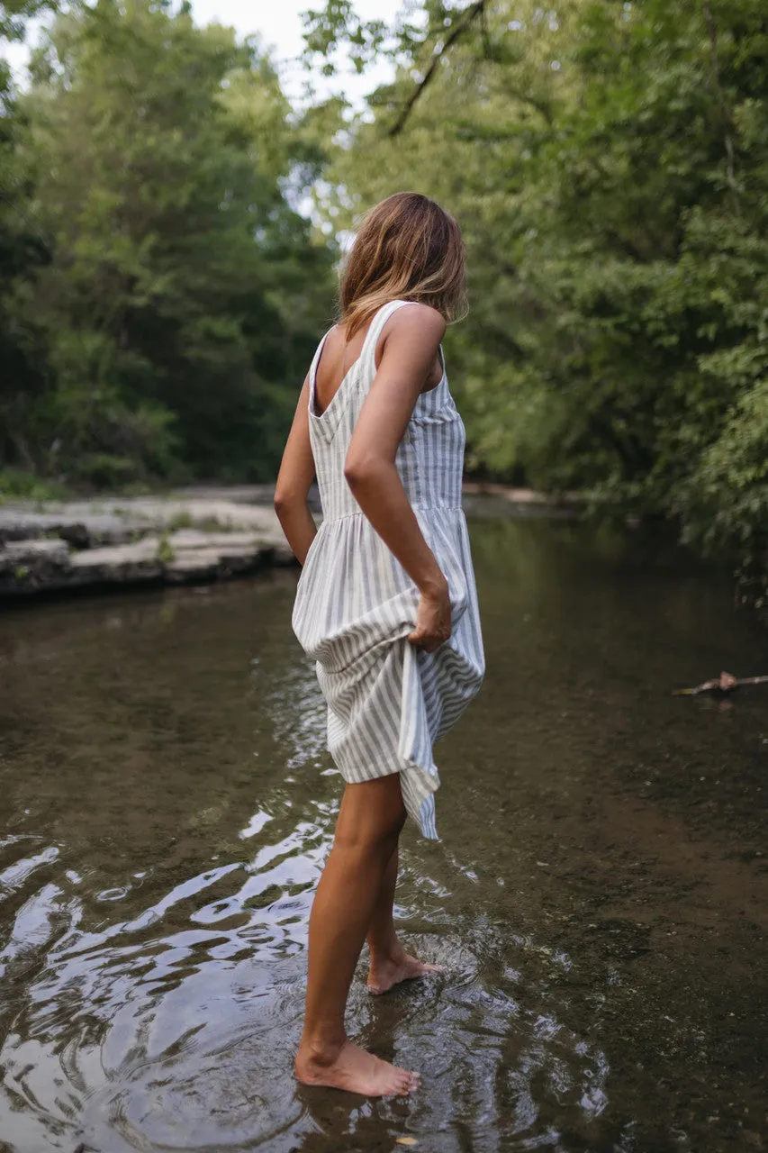 Mia Linen Dress in Green and White Stripe - XS and S