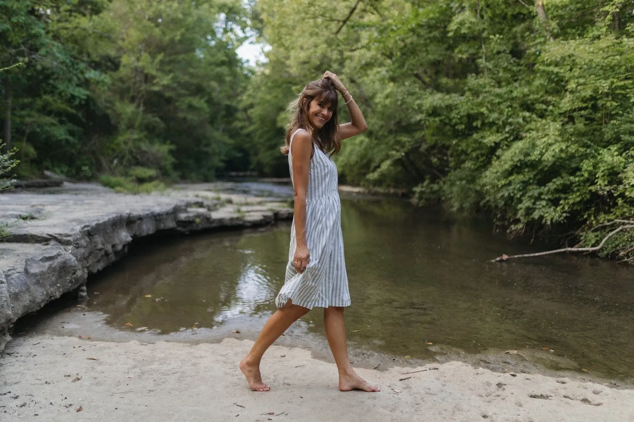 Mia Linen Dress in Green and White Stripe - XS and S