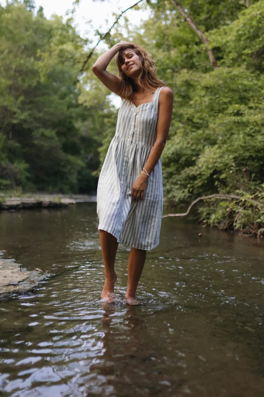 Mia Linen Dress in Green and White Stripe - XS and S