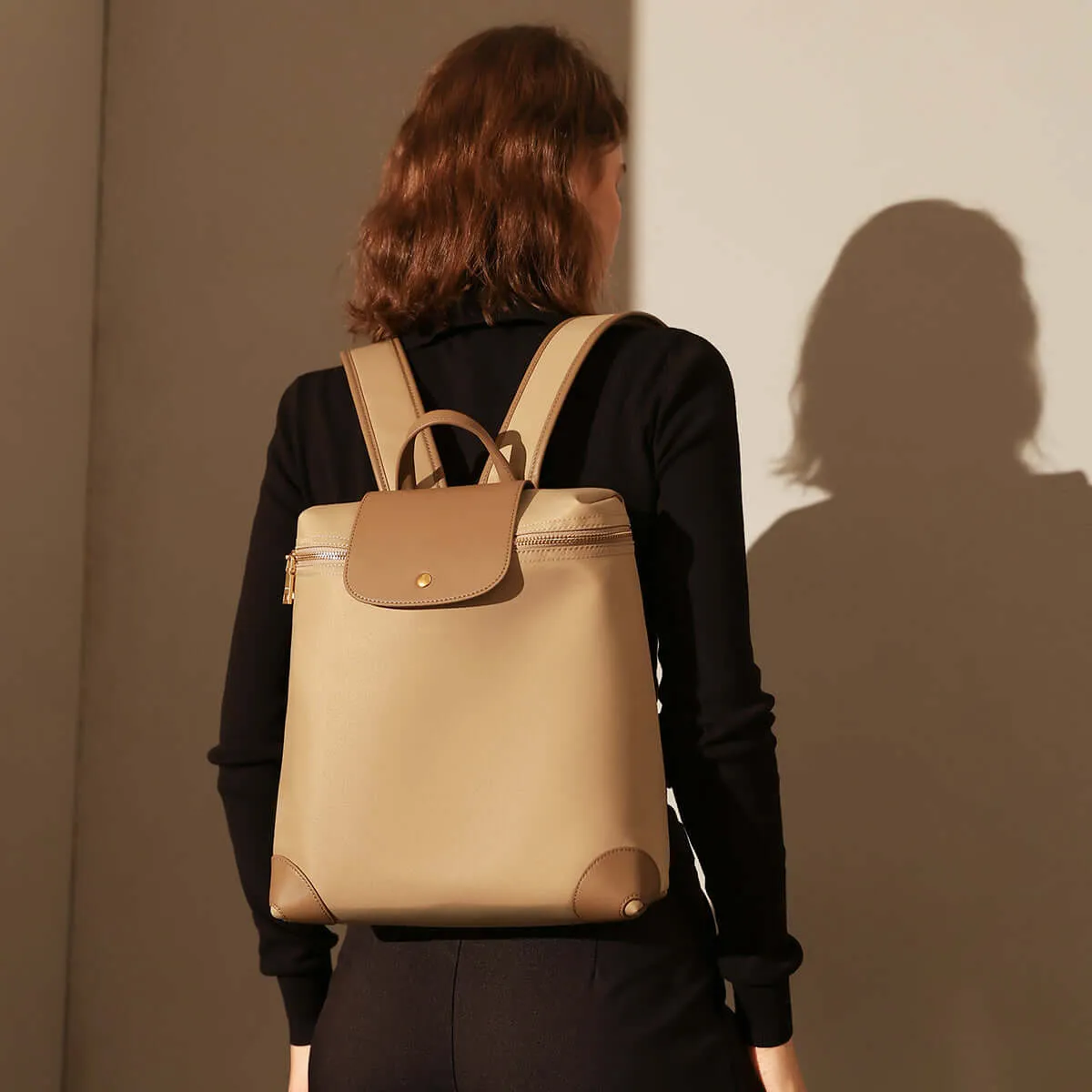 Multi-purpose Champagne Brown Leather Backpack