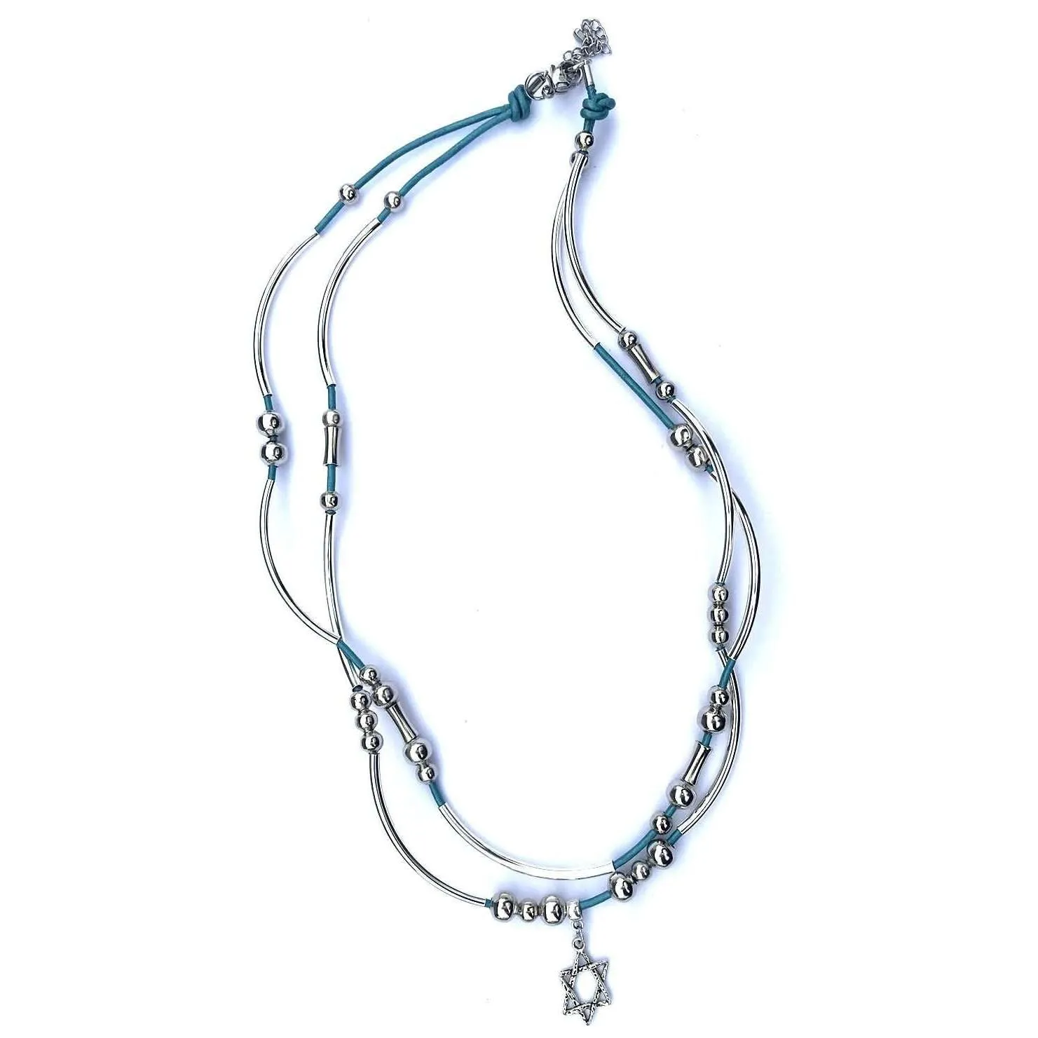 My Tribe Convertible Metallic Teal Leather Woven Star of David Bracelet/Necklace