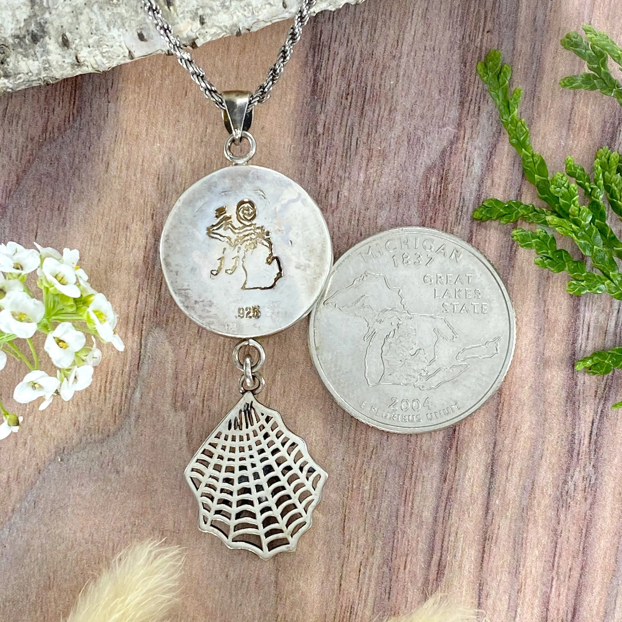 Petoskey Stone with Spider Charm Pendant Necklace