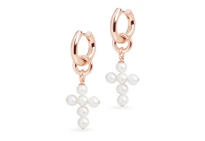 Small Hoop and Cross Pearl Charm Rose Gold Earring Set