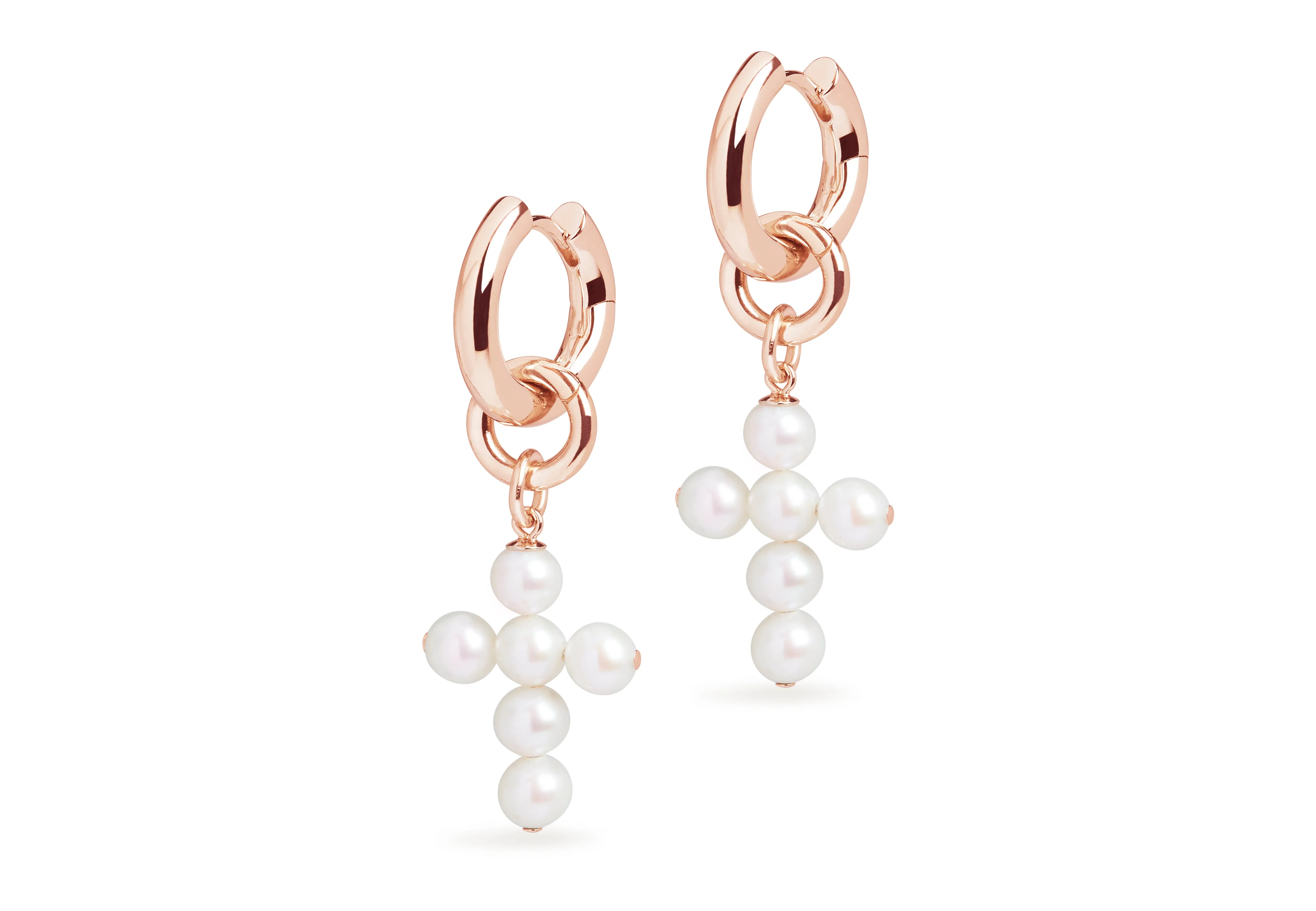 Small Hoop and Cross Pearl Charm Rose Gold Earring Set